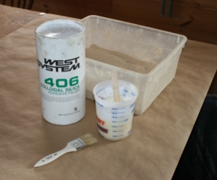 34. I thicken marine epoxy with colloidal silica then sprinkle fine sawdust on the wet epoxy.