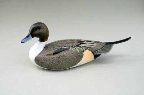 Drake Pintail. Hollow pine (with hickory tail) in acrylics. $500