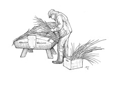 This drawing - of me thatching my first grassboat - has been used by South Shore Waterfowlers for numerous promotional purposes.